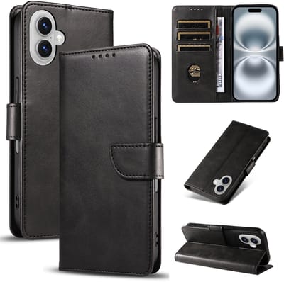 Bookcase Hoesje Geschikt voor iphone 16 – Luxe PU Kalfsleer Telefoonhoes – Portemonnee Hoesje met Kaartvakken, Contant Geldvak, Magneetsluiting & Standaardfunctie - Zwart