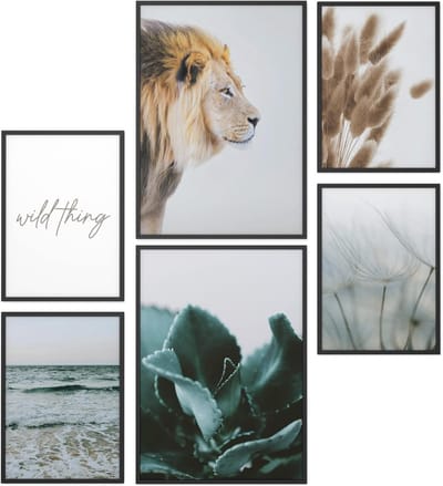 Poster Set Pampas Grass Lion Motif - 2 x A4 and 4 x A5 - Wall Decoration for Living Room and Bedroom