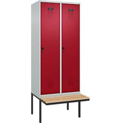 Kleiderspind C+P Evolo Plus, 2 Abteile à 400 mm Breite, schwebende Sitzbank, B 800 x T 815 x H 2120 mm, Drehriegel, lichtgrau/rubinrot