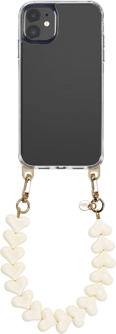 Selencia Transparant Hoesje met Haakjes inclusief Hartjes Polskoord - Geschikt voor Apple iPhone 11 - Beige