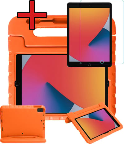 Hoesje - Geschikt voor Apple iPad 7/8 (2019/2020) - 10.2 inch - 7e/8e Generatie - Met Screenprotector - Kinderhoes - Shockproof Bumper - Kidsproof Case - Tablethoes - Kinder Hoes Cover - Oranje