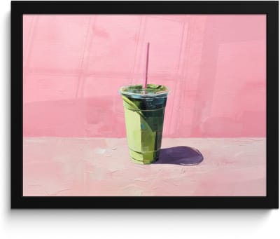 Poster in lijst - Fotolijst 40x30 cm - Posters - Beker - Rietje - Minimalistisch - Groen - Posterlijst zwart - Decoratie - Wanddecoratie woonkamer - Muurdecoratie slaapkamer