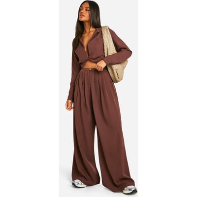 boohoo Dames Geweven Low Rise Extreme Wijde Pijp Geplooide Broek | Chocolate | Maat: 14