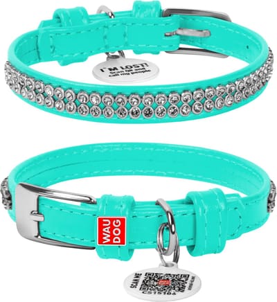 WAUDOG Glamour Halsband / Hondenhalsband - Echt Leder - Mint met Strass steentjes - XXS - Breedte: 9 mm - Nekomtrek: 19 - 25 cm (GELIEVE ALVORENS BESTELLEN OPMETEN)