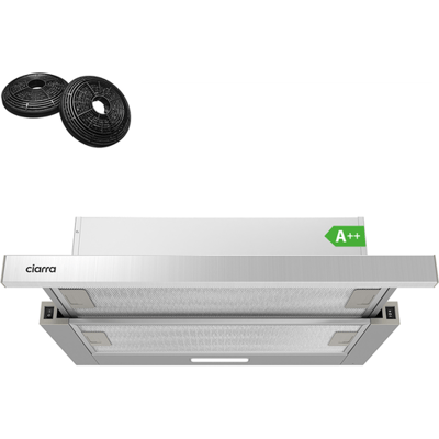Ciarra telescopische afzuigkap voor onder de kast 60 cm, krachtig 370 m³/u, zilver, energieklasse A++