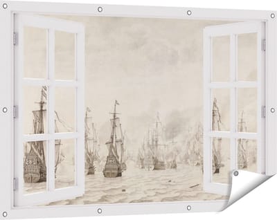Gards Tuinposter Doorkijk De Zeeslag tegen de Spanjaarden bij Duinkerken - Willem van de Velde - 120x80 cm - Tuindoek - Tuindecoratie - Wanddecoratie buiten - Tuinschilderij