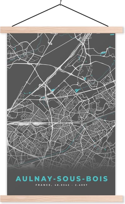 Posterhanger incl. Poster 40x60 cm - Schoolplaat - Aulnay-sous-Bois - Frankrijk - Plattegrond - Kaart - Stadskaart - Textielposter - Blanke latten - Stadskaart