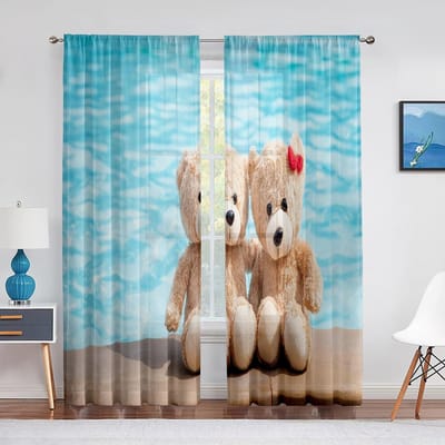 Vrolijke Teddyberen Familie Tule Gordijnen voor Keuken Woonkamer Slaapkamer Decor Transparante Chiffon Transparante Voile Raamgordijn 1 PCS W100XH250cm&Grommet Top