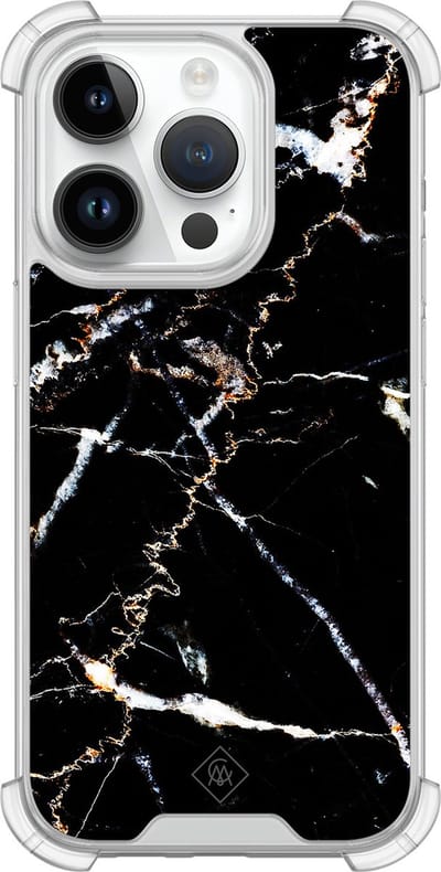 Casimoda® hoesje - Geschikt voor iPhone 14 Pro - Marmer Zwart - Shockproof case - Extra sterk - Siliconen/TPU - Zwart, Transparant