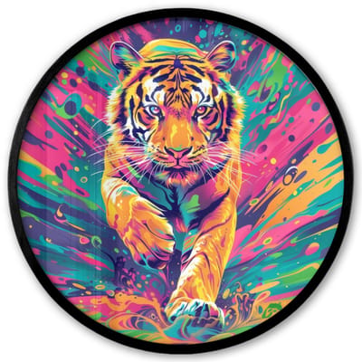 Poster in lijst Rond - Fotolijst 40x40 cm - Posters - Tijger - Wilde dieren - Kleurrijk - Verflook - Ronde posterlijst zwart - Decoratie - Wanddecoratie woonkamer - Muurdecoratie slaapkamer