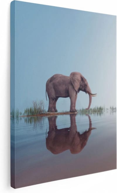 Artaza Canvas Schilderij Olifant Afrika - 30x40 cm - Klein - Wanddecoratie Waterreflectie - Muurdecoratie Dieren - Kamer Accessoires