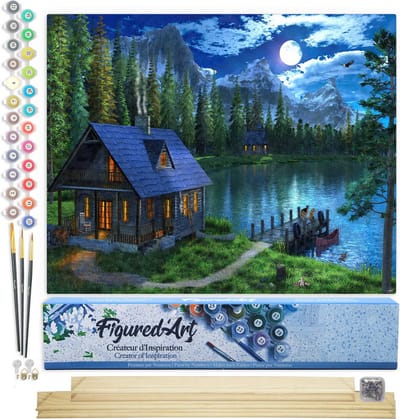 Figured'Art Schilderen op Nummer Volwassenen canvas Nachtelijk meer - Handwerk acrylverf Kit DIY Compleet - 40x50cm met DIY houten lijst
