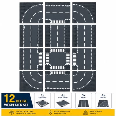Hunta® Wegplaten Set 12 Stuks – 1 Kruising, 4 T-Splitsingen, 3 Rechte Wegen en 4 Bochten – Bouwplaten 32x32