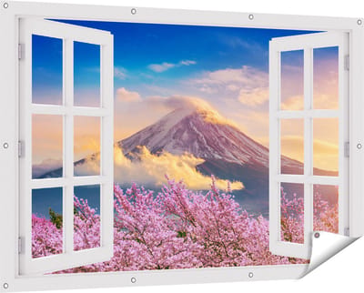 Gards Tuinposter Doorkijk Fuji Berg met Roze Bloesembomen - Bloemen - 150x100 cm - Tuindoek - Tuindecoratie - Wanddecoratie buiten - Tuinschilderij