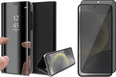 Hoesje geschikt voor Samsung Galaxy S24 - Privacy Screenprotector Volledig Dekkend Glas - Spiegel Book Case Zwart