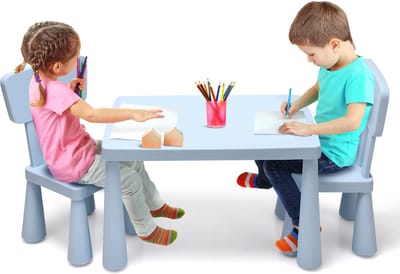 COSTWAY 3-delig kinderzitgroep, kindertafelgroep, kindertafel met 2 stoelen, kindermeubels van kunststof, kinderplacemat voor kleuterschool en kinderkamer (blauw)