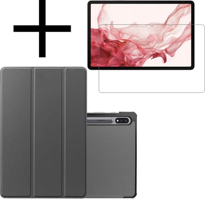Hoes - Geschikt voor Samsung Galaxy Tab S8 - Met Screenprotector - Trifold Bookcase - Hard Cover - Hardcover Book Case - Tablet Hoesje - Grijs