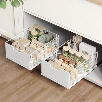 Telescopische Lades met Lijm - 2 Stuks voor Keuken, Badkamer en Kast Organisatie, 40 cm Diepte x 30 cm Breedte x 17,5 cm Hoogte, Wit en Ruimtebesparend