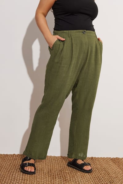 Yours Broek Van Linnenmix En Rechte Pijpen In Kakigroen Size 42