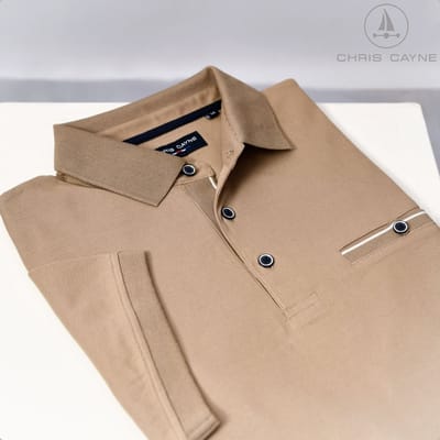 Chris Cayne poloshirt - M - effen fijn wafelpatroontje - zand - borstzak - gemerceriseerd - stretch - luxe polo - bruine knoopjes