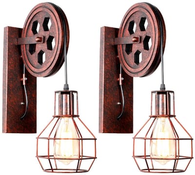 2 Stuks Vintage Wandlamp Industriële E27 Muurlamp Katrol Ontwerp voor Slaapkamer Woonkamer Hal Rode Roestkleur