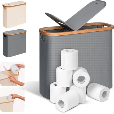 28L 2-in-1 Toiletpapiermand met Deksel - Bamboe Opbergmand voor Badkamer - Smalle Mand voor 9-12 Rollen Toiletpapier in Grijs