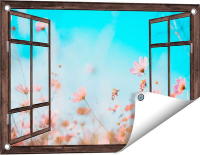 Gards Tuinposter Doorkijk Paarse Kosmos Bloemen - 60x40 cm - Tuindoek - Tuindecoratie - Wanddecoratie buiten - Tuinschilderij