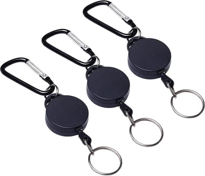 3 Piece Retractable Keychain - Heavy Duty Key Reel - Extendable Nylon Rope Keychain - Retractable ID Badge Holder - Zwart en Duurzaam