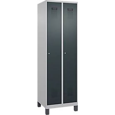 C+P Evolo Plus garderobekast, 2 vakken, 300 mm vakbreedte, met poten, rechts scharnierend, cilinderslot, B 600 x D 500 x H 1950 mm, blank aluminium/antracietgrijs