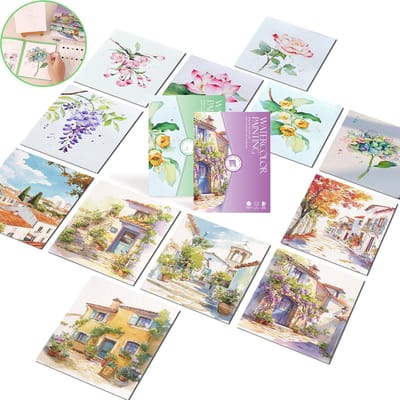 Aquarel werkboek - Aquarelboek - Set aquarelkleurpapier - Alles-in-één zakwaterverfboek - Creatieve aquarelkunst en knutselwerkjes - DIY lijntekenkleurpapier - Geschikt voor volwassenen en kinderen - Bloemen en huizen - 19*14,4 cm