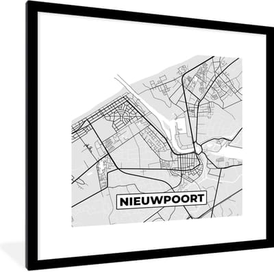 Fotolijst incl. Poster Zwart Wit- Stadskaart – Zwart Wit - Kaart – Nieuwpoort – België – Plattegrond - 40x40 cm - Posterlijst