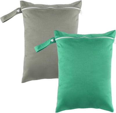 Set van 2 Waterdichte Waszakken voor Vuil Wasgoed, Ideaal voor Reizen en Zwemmen, Groot Formaat 30 x 40 cm (Grijs/Groen)