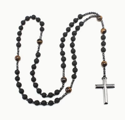 Ketting-Rozenkrans ketting- Tijgeroog -zwart lavasteen -Charme Bijoux