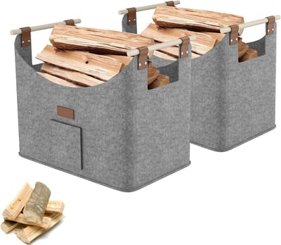 Set van 2 Grote Vilten Manden voor Haardhout en Opslag met Houten Handvatten