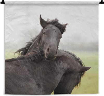 Wandkleed Fries paard - Two horses playing Wandkleed katoen 150x150 cm - Wandtapijt met foto