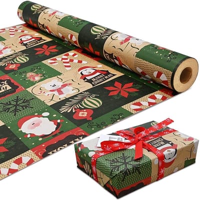 Kerst inpakpapier - Milieuvriendelijk - Groene achtergrond - Cadeaudoospapier - Cadeauverpakking - 43 cm x 3 m - rolpakket kerstinpakpapier - kraftpapier bedrukt - met kerstpatroon - recyclebaar inpakpapier - voor kerstfeestcadeaus - 1 stuk