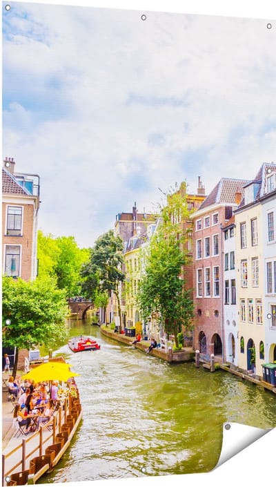 Gards Tuinposter Huizen aan de Oudegracht in Utrecht - 100x150 cm - Tuindoek - Tuindecoratie - Wanddecoratie buiten - Tuinschilderij