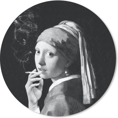 Muismat rond 20x20 cm - Mousepad Het meisje met de parel - Johannes Vermeer - Zwart - Wit - Ronde muismatten