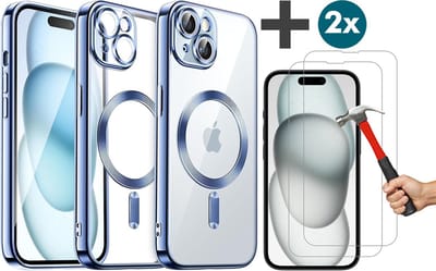 Hoesje met 2 Stuks Screenprotectors Geschikt voor iphone 15 Plus Hoesje - Geschikt voor MagSafe - Arara siliconen Backcover - Blauw