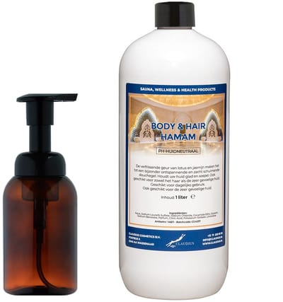 Body & Hair Hamam 300 ml - zeepdispenser amber bruin met pomp + 1 liter - 2 in 1 voor lichaam en haar
