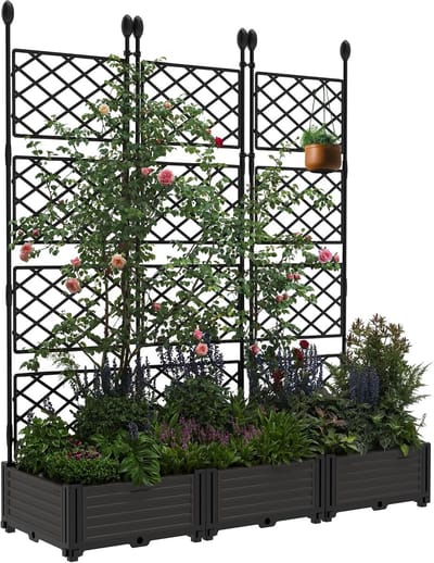 Set van 3 Plantenbakken met Trellis - Verhoogde Kweekbakken met Privacy Scherm - 127 x 160 cm - Metaal & Kunststof Klimrek - Vrijstaand Tuinscherm voor Klimplanten - Voor Balkon, Terras en Tuin - Zwart