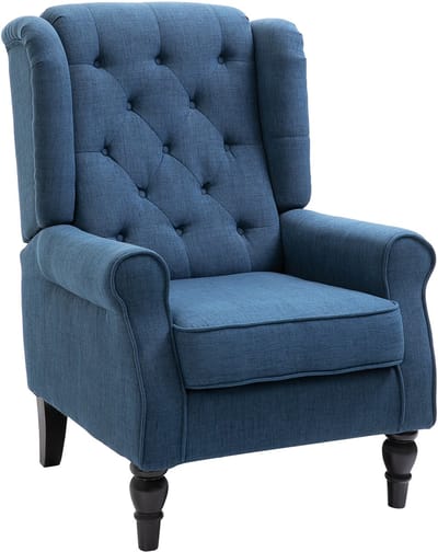HOMCOM Gecapitonneerde Wingback Stoel met Hoge Rug, Gestoffeerde Lounge Stoel met Afgeronde Armleuningen, Houten Poten, voor Slaapkamer, Woonkamer, tot 160 kg, Blauw