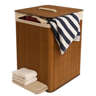 Lomera Bamboe Wasmand - Hoekmodel Wasmand - 72 Liter Capaciteit - Opvouwbare Wasmand - Bruine Wasmand - Wasmand Met Deksel - Waszak Inbegrepen - Afneembaar Deksel - Verstevigde Metalen Ring - Wasbare Binnenzak - Bamboe Materiaal