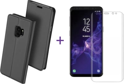 Hoesje geschikt voor Samsung Galaxy S9 - Kunstlederen Wallet Hoesje Grijs met Siliconen Houder - Portemonee Hoesje + Glas PET Folie Screen Protector Transparant 0.2mm
