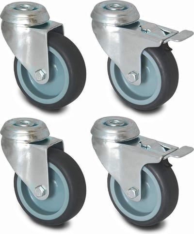 Set van 4 zwenkwielen 75mm enkele boutgatbevestiging - TPR-rubber - 2 geremd 2 draaibaar
