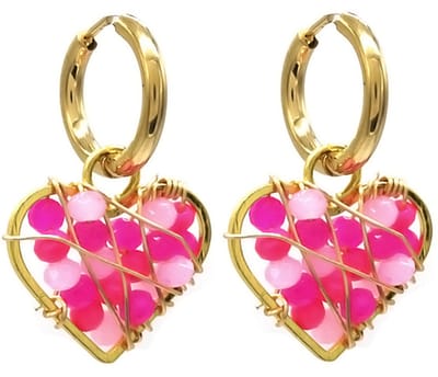 Oorbellen Hart met Kralen - RVS - 12x33 mm - Goudkleurig en Roze – valentijn – cadeau