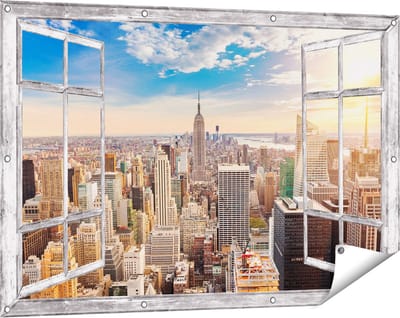 Gards Tuinposter Doorkijk New York Manhattan tijdens Zonsondergang - 120x80 cm - Tuindoek - Tuindecoratie - Wanddecoratie buiten - Tuinschilderij