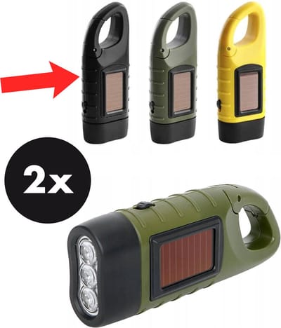 Actie4you® - Dynamo zaklamp met Zonnecel - 3 LED’s – Handmatig en Zonne-energie Aangedreven – Survival zaklamp – 2 Stuks – Zwart