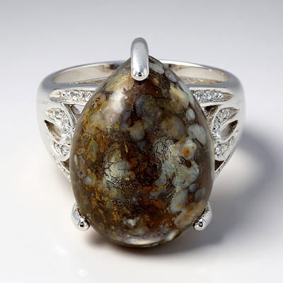 Cavill - 925 Sterling Zilver Ring met 13,76 ct Dinosaurus Kwarts Peervormige Cabochon - Zirconia Pave - Elegante Statement Sieraden