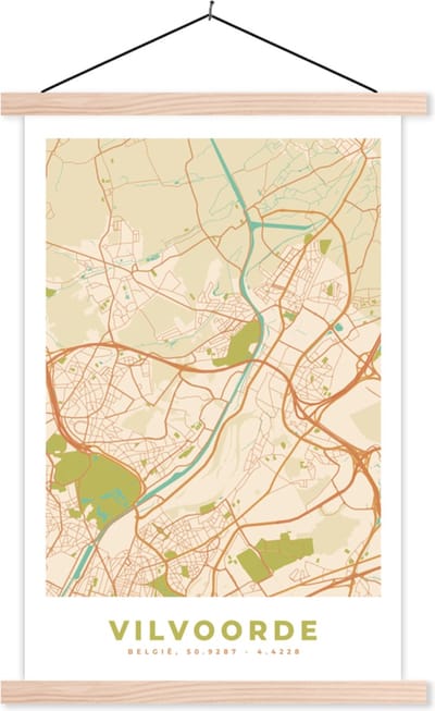 Posterhanger incl. Poster 40x60 cm - Schoolplaat - Plattegrond - Stadskaart - Vintage - Vilvoorde - Kaart - Textielposter - Blanke latten - Stadskaart